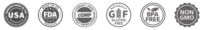 Made in USA, 100% natural, FDA approved, GMP certified badges.