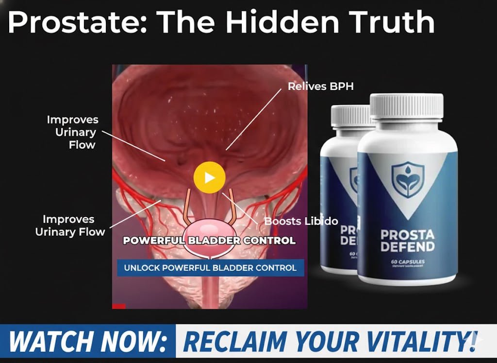 Prosta Defend video thumbnail with “Watch Now” prostate health call‑to‑action